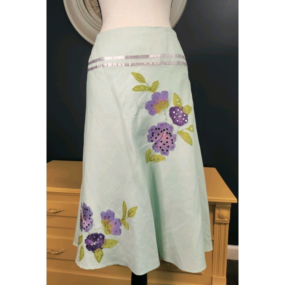 Edward 100% Linen Midi Skirt Size 10 Light Green Purple Flowers Sequin Lined